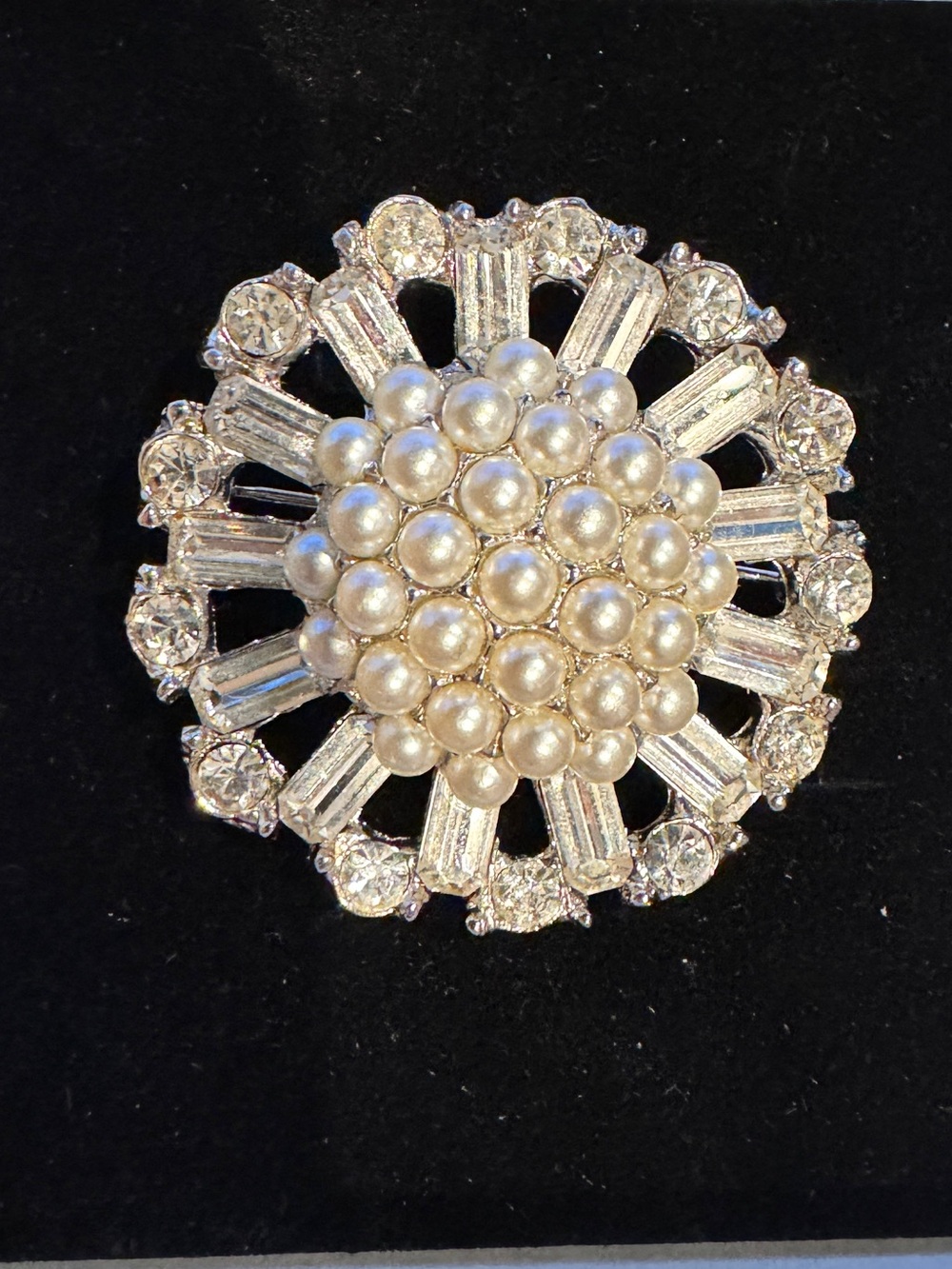 Vintage Pearl & Crystal Brooch - Silver Tone